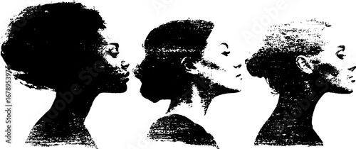 Black and white stencil silhouettes of diverse women profiles for artistic design