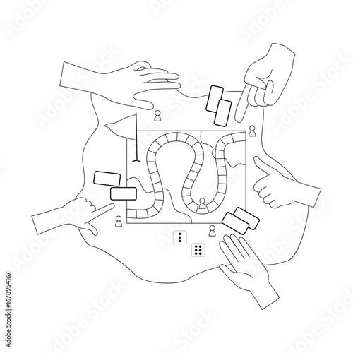 Creative board game hobbies. Human arms actively playing a tabletop game. Game elements like dice, cards, and pawns. Fun social activity. Vector illustration sstkTechnology Family Game Night