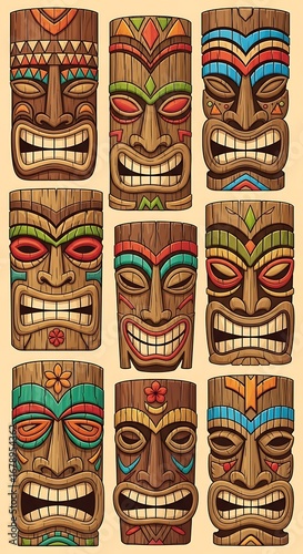 Collection of Polynesian Tiki Masks, Traditional Carvings, Colorful Designs.