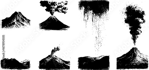 Volcanic eruption stencil set in black and white for creative design projects