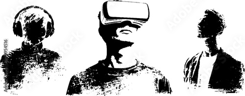 Black and white stencil set of virtual reality enthusiasts wearing headsets
