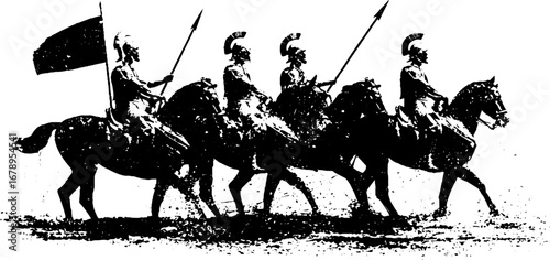 Black and white stencil illustration of historical war cavalry in action