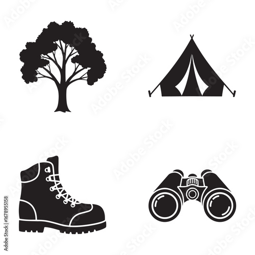 Camping essentials illustration featuring a tree tent hiking boot and binoculars perfect for outdoor adventures and nature exploration ideal for adventure blogs and travel promotions