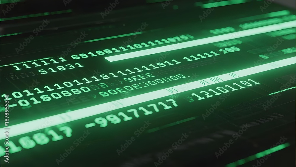 Obraz premium Digital Data Stream with Binary Code and Numerical Values Displayed on a Screen