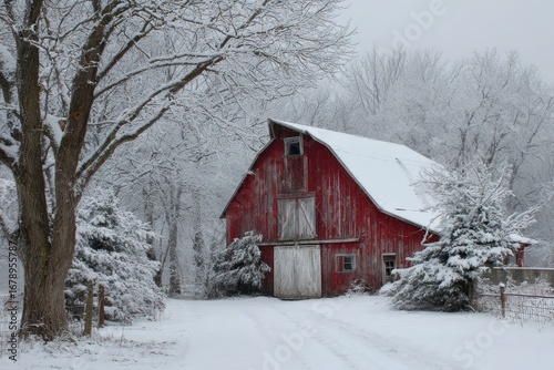 Ohio Winter Snowy Barn. Rustic Farm in Cold December