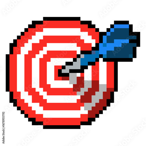 Pixel bullseyes target with dart vector for business goals, success, and strategy. Useful for illustrating a perfect score or a focused approach in a retro, 8-bit style.