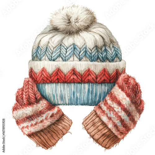 Mittens And Wool Hat, watercolor drawing vector, isolated on a white background.