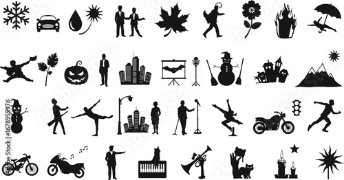 Black silhouette icons set including winter snowflake, car, water drop, sun, business people, maple leaf, hiker, flower, fire, umbrella, Halloween, cityscape, sports, motorcycle, music, candles, cat.