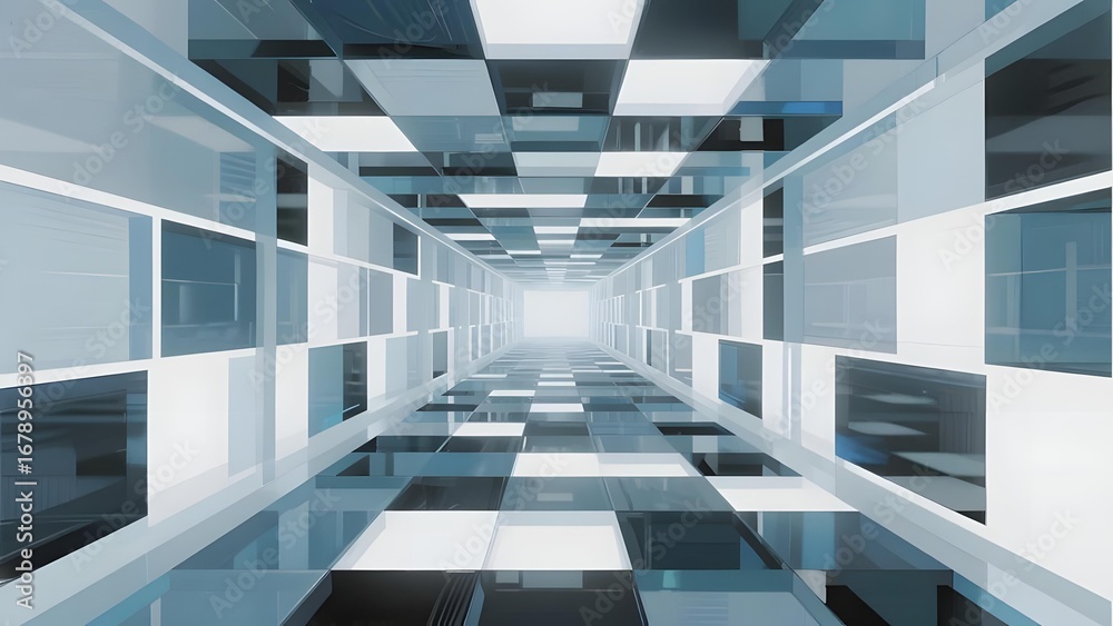 Obraz premium Abstract futuristic corridor with reflective surfaces and geometric patterns