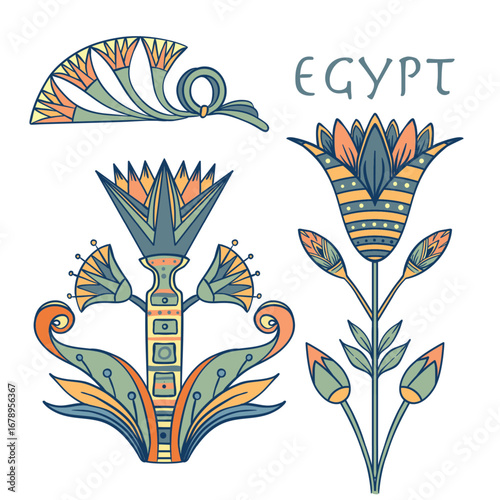 Egyptian floral colorful design element set isolated on white. Lotus flower, ...