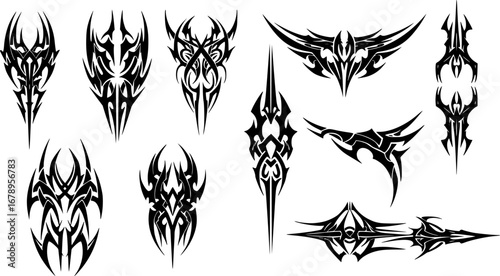Neo-tribal shapes, Gothic patterns in a modern design, cybersigilism set. Gothic neo tribal tattoo, vector patterns for streetwear, clothing, t-shirt, typography. Vector graphic collection