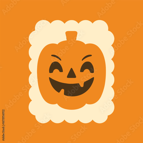 Cartoon jack o lantern with a happy face on a white scalloped background against an orange background