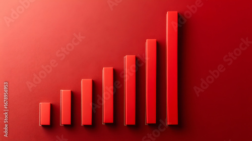 Red bar graph showing upward trend and growth. Visual representation of success and progress.