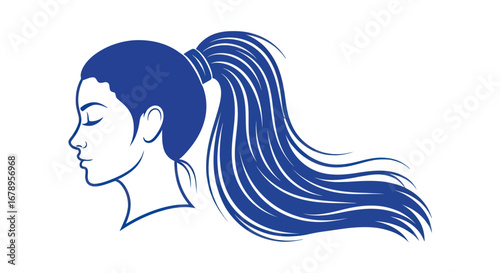 Elegant Woman Profile With Flowing Blue Ponytail Hairstyle.