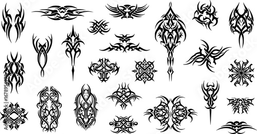 Neo-tribal shapes, Gothic patterns in a modern design, cybersigilism set. Gothic neo tribal tattoo, vector patterns for streetwear, clothing, t-shirt, typography. Vector graphic collection