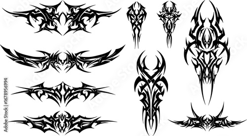 Neo-tribal shapes, Gothic patterns in a modern design, cybersigilism set. Gothic neo tribal tattoo, vector patterns for streetwear, clothing, t-shirt, typography. Vector graphic collection