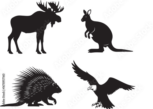 Collection of Animal Silhouettes Featuring a Moose Kangaroo Porcupine and Bald Eagle on a Clean White Background Symbolizing Wildlife Diversity