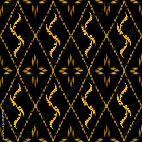 Intricate gold floral and geometric patterns on a black background, creating a luxurious and traditional aesthetic.
