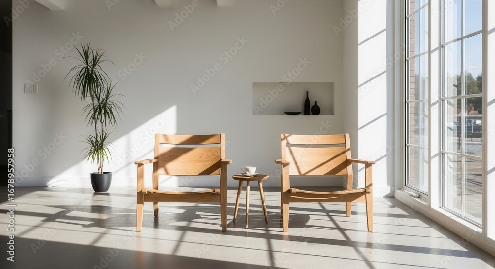 Fototapeta premium Minimalist interior design with wooden armchairs bathed in sunlight from large windows