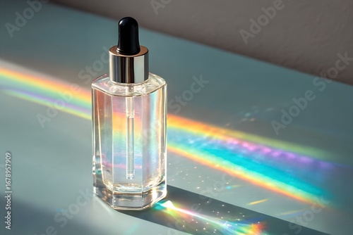 Clear serum bottle reflecting colorful light on a smooth surface during daylight creates a mockup and vibrant display ai, serum, bottle, reflection, light, rainbow, colors, smooth, surface, daylight, 