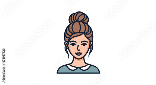Cartoon illustration of a smiling woman with a messy bun hairstyle.