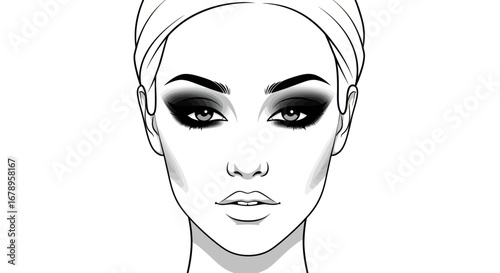Monochrome Face Chart with Dramatic Smokey Eye Makeup.