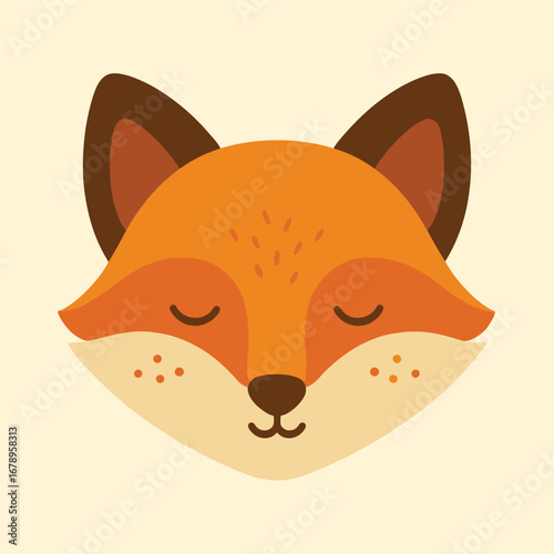Cartoon fox face with closed eyes and orange and brown color scheme on a light yellow background