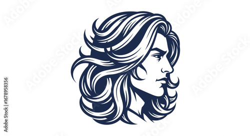 Elegant line art portrait of a man with long flowing hair.