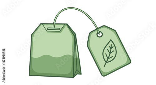 Green tea bag with leaf tag for healthy beverage.