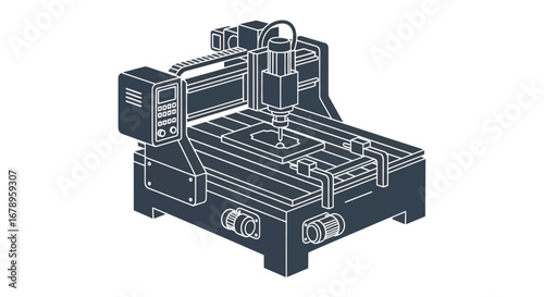 Detailed line drawing of a modern desktop CNC milling machine.