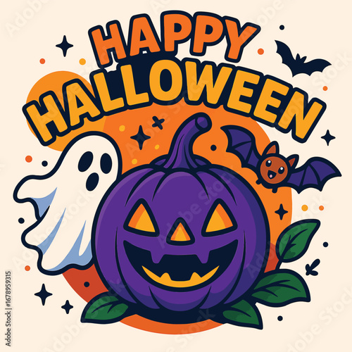 Spooky Halloween pumpkin illustration with bats and a crooked tree silhouette against a dark, scary October night sky