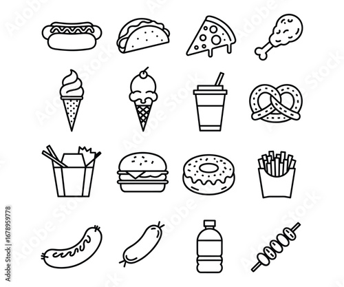 Collection of fast food and drink icons in thin line style on white hot dog taco