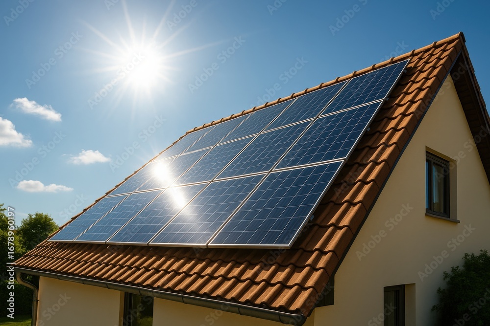 Fototapeta premium Solar panels installed on a rooftop under clear skies during midday, showcasing renewable energy technology in use