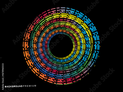 Vector background of rotating elliptical 3D shapes, consisting of a pattern of squares and wavy lines with colorful gradations.	