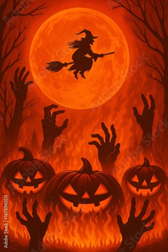 Halloween Witch Flying on Broom with Pumpkins, Zombie Hands and Full Moon Background
