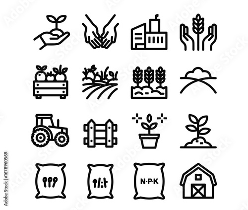 Farming and Agriculture Icons Set Plants Soil and Equipment Symbols Keywords: farming, agriculture, plant, sprout