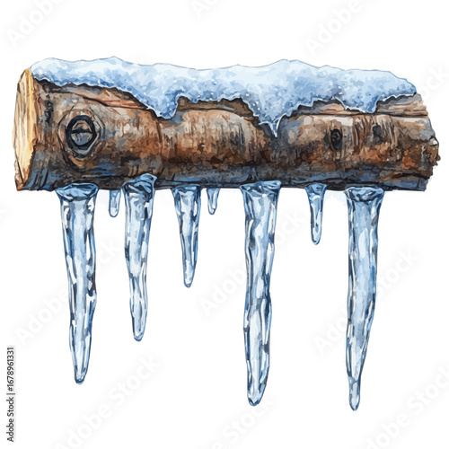 Icicles Hanging Branches, watercolor vector, isolated on a white background.