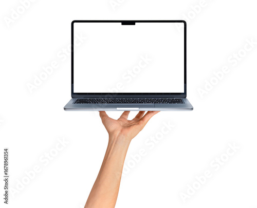 Hand showing modern laptop with customizable blank screen. Isolated on transparent PNG. Concept for technology, business, finance and advertising.