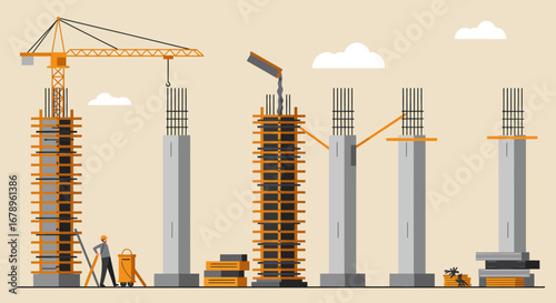 Construction Site Illustrating Building Foundation and Pillars.