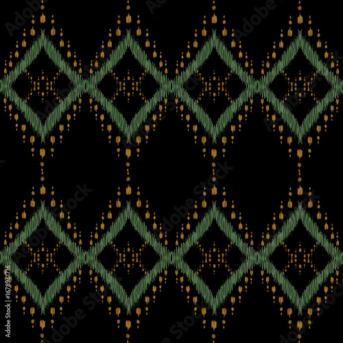 Golden outlined flowers with subtle shading and smaller floral accents on a black background, forming a rich, repeating pattern.
