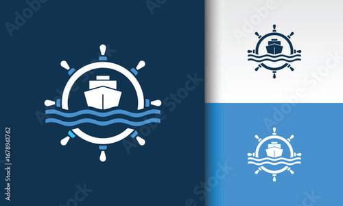 Nautical emblem with ship helm and waves
