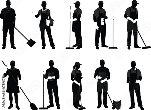 Silhouettes of professional cleaners wearing aprons and gloves, holding mops, brooms, buckets, spray bottles, cleaning floors and surfaces, isolated on white.
