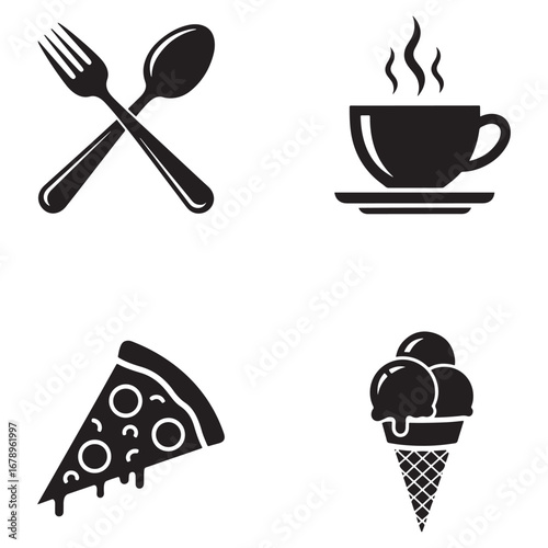 Delicious Food and Drink Icons in Minimalist Black and White Design Featuring Pizza Ice Cream Coffee and Utensils Ideal for Restaurant Menus and Branding