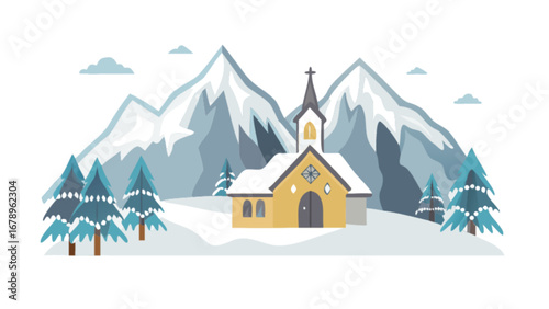Winter landscape with church and snow capped mountains vector illustration background design