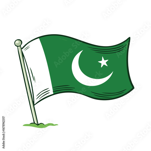 Green, white, pakistan flag icon with selective focus on a pin isolated on a white background