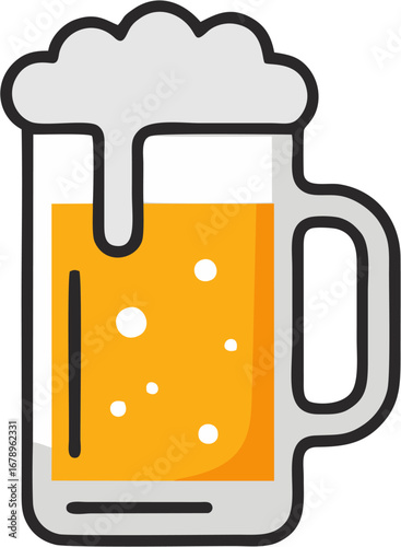 Iconic vector illustration of a frosty beer mug filled with golden ale, featuring a frothy head and bubbles