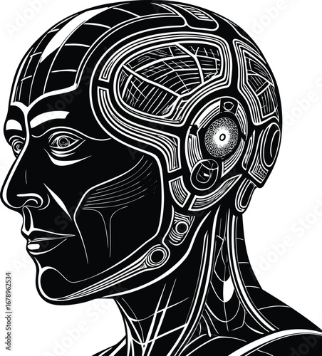 Chrome Skull Robot with Neural Cortex Display