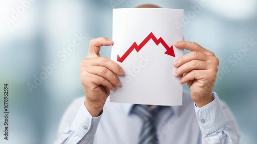Decrease in Revenue: Hand Holding Paper with Red Arrow Showing Tax Hike Impacts on Economy and Financial Markets