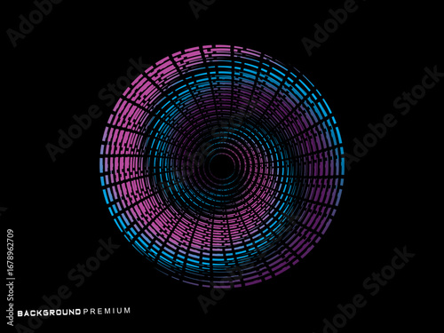 Vector background of rotating elliptical 3D shapes, consisting of a pattern of squares and wavy lines with colorful gradations.	