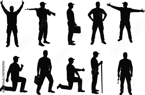 Silhouettes of soldiers in various poses, military figures with rifles, briefcases, and walking sticks, standing and kneeling on white background.